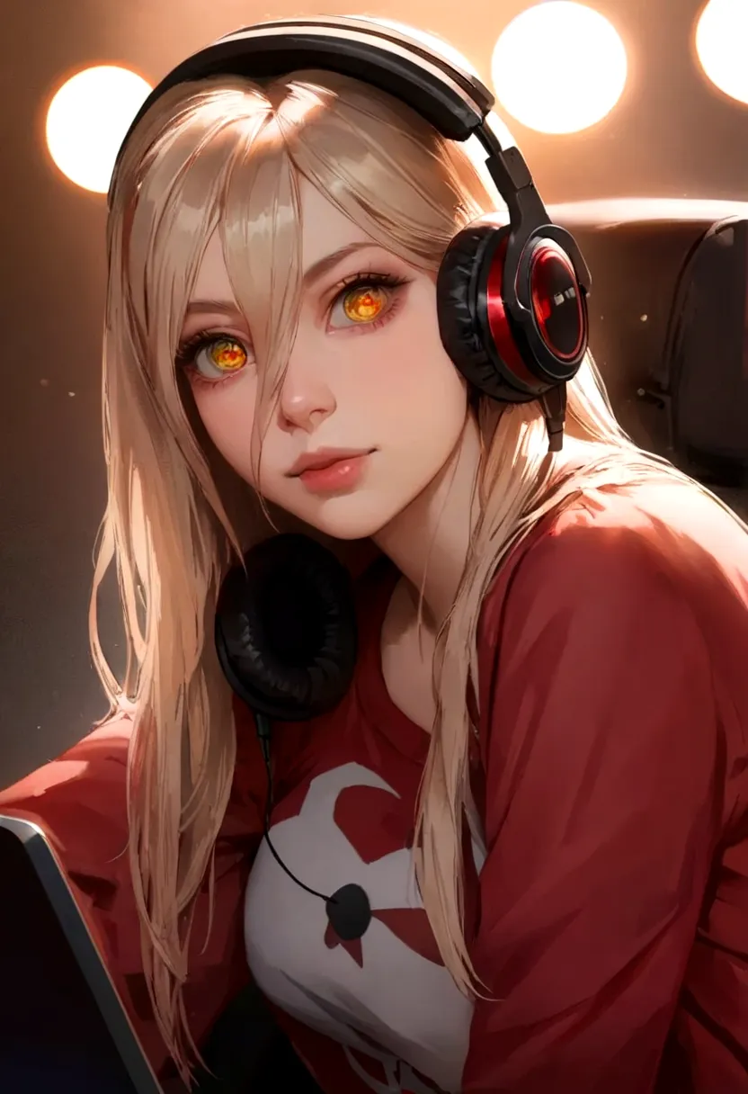 1girl, anime girl, harl text shirt, sitting on chair, wearing headphones, playing on pc, focused on game, blue and red particles around, detailed face, beautiful detailed eyes, beautiful detailed lips, extremely detailed eyes and face, long eyelashes, real...