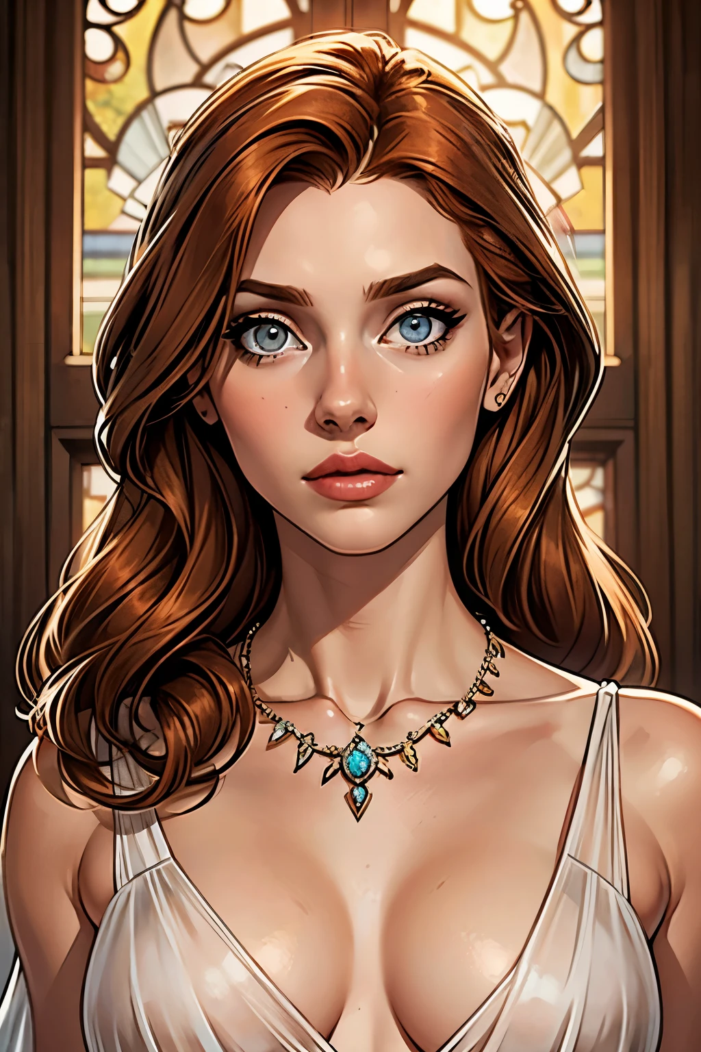 best qualityer, work of art, (realisitic: 1.2), 1 girl, slender girl, ginger hair, eyes browns, 3/4 view, face detailed, gorgeous eyes, eyes gray, eyes large, breasts small, necklace, see through gown