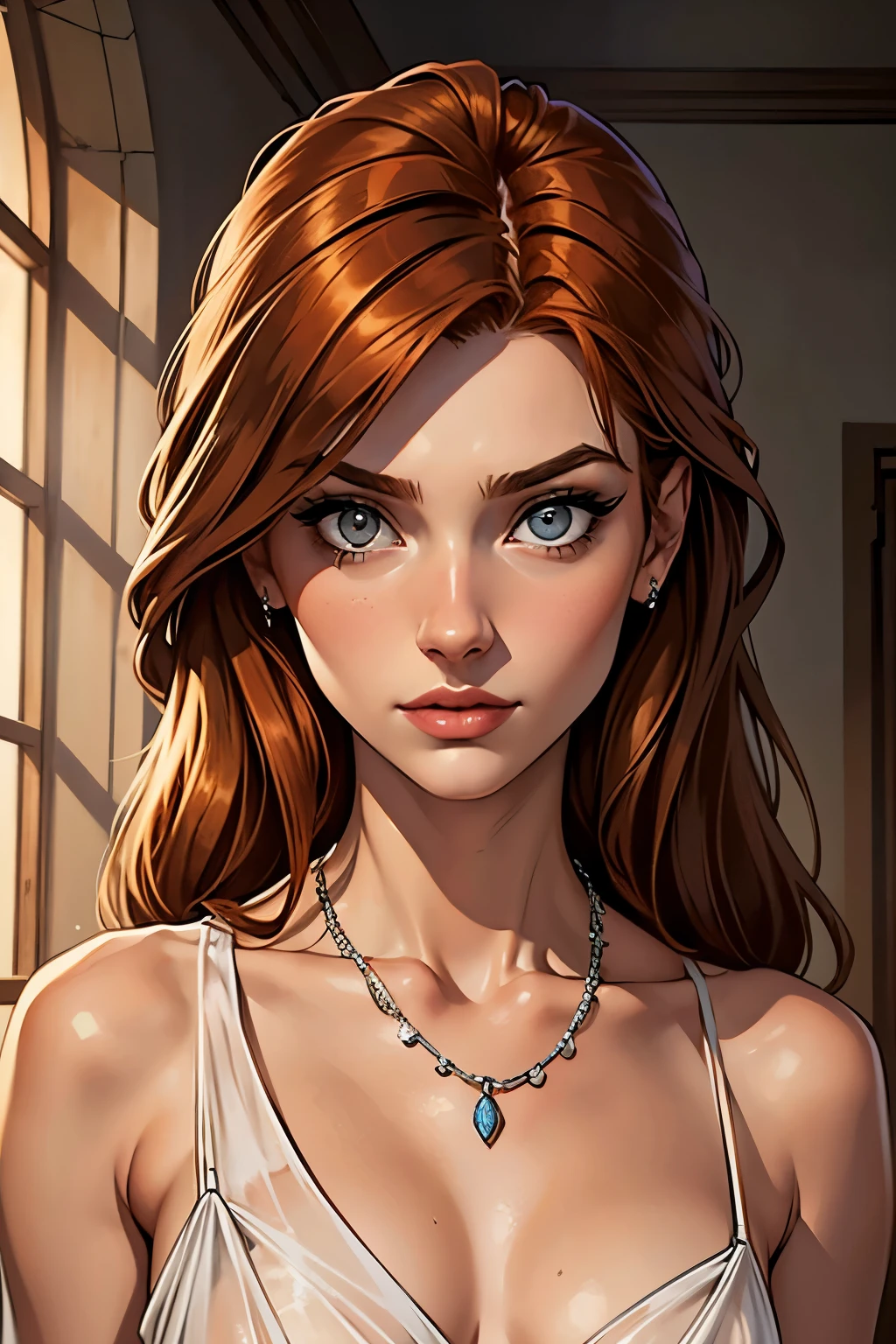 best qualityer, work of art, (realisitic: 1.2), 1 girl, slender girl, ginger hair, eyes browns, 3/4 view, face detailed, gorgeous eyes, eyes gray, eyes large, breasts small, necklace, see through gown