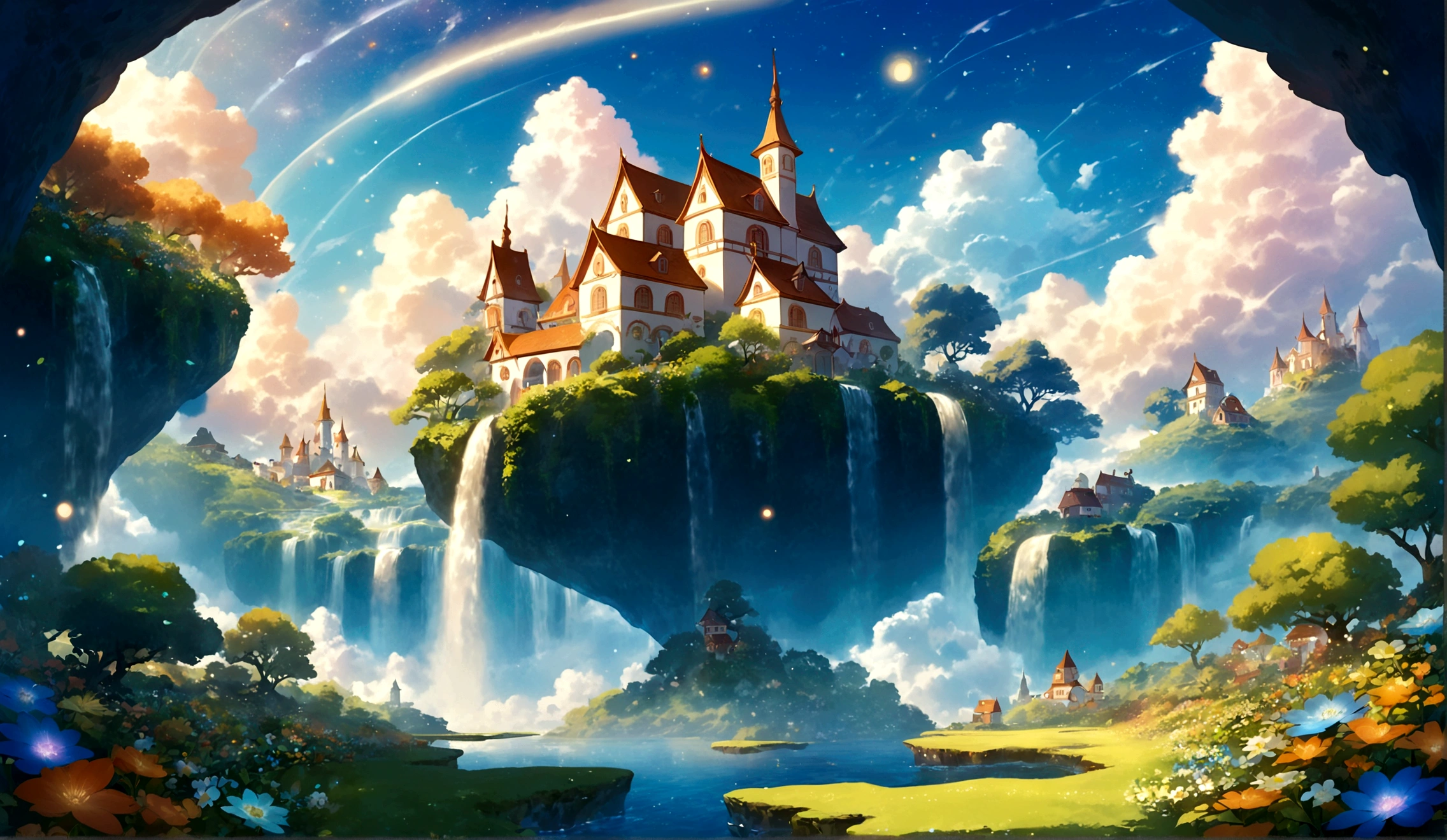 fantasy scenery, whimsical floating islands in the sky, with lush gardens, and fantastical architecture that defies gravity, flowers and miniature houses, creating a harmonious and dreamlike setting. The sky is filled with fluffy dramatic clouds and a mesmerizing galaxies that adds a magical touch to the scene. waterfalls pouring off the islands. Surrealism and whimsical fantasy, Rendered in a detailed style with soft ambient lighting. kawaii, pastel colors, light colors, orange tones, sharp lines, clear, best quality,