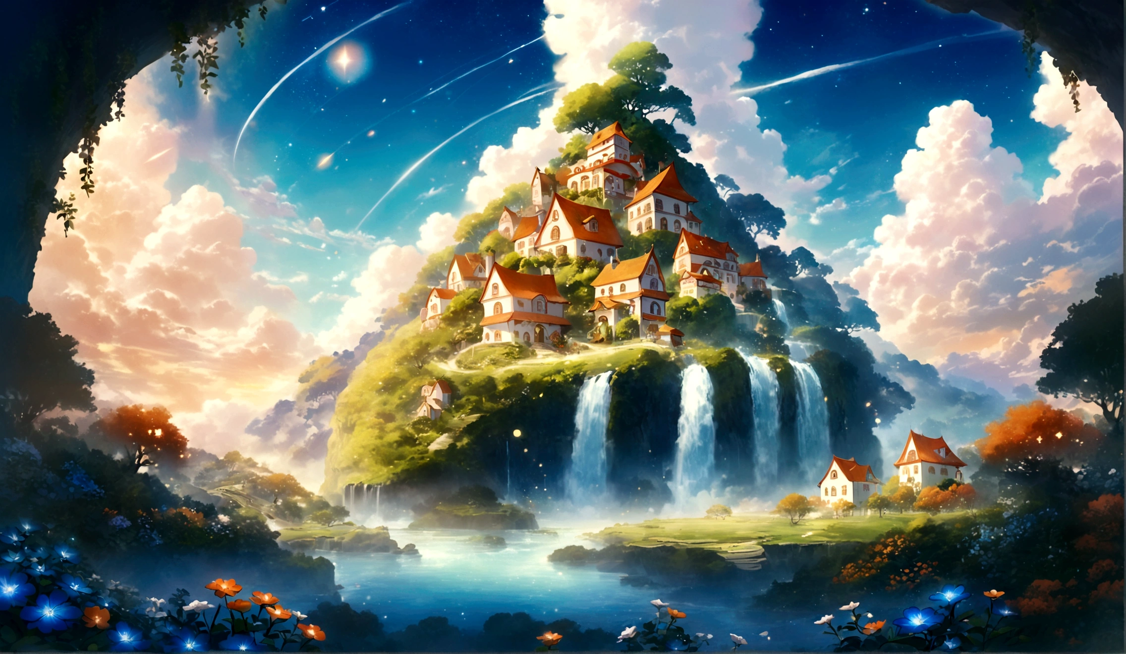 fantasy scenery, whimsical floating islands in the sky, with lush gardens, and fantastical architecture that defies gravity, flowers and miniature houses, creating a harmonious and dreamlike setting. The sky is filled with fluffy dramatic clouds and a mesmerizing galaxies that adds a magical touch to the scene. waterfalls pouring off the islands. Surrealism and whimsical fantasy, Rendered in a detailed style with soft ambient lighting. kawaii, pastel colors, light colors, orange tones, sharp lines, clear, best quality,