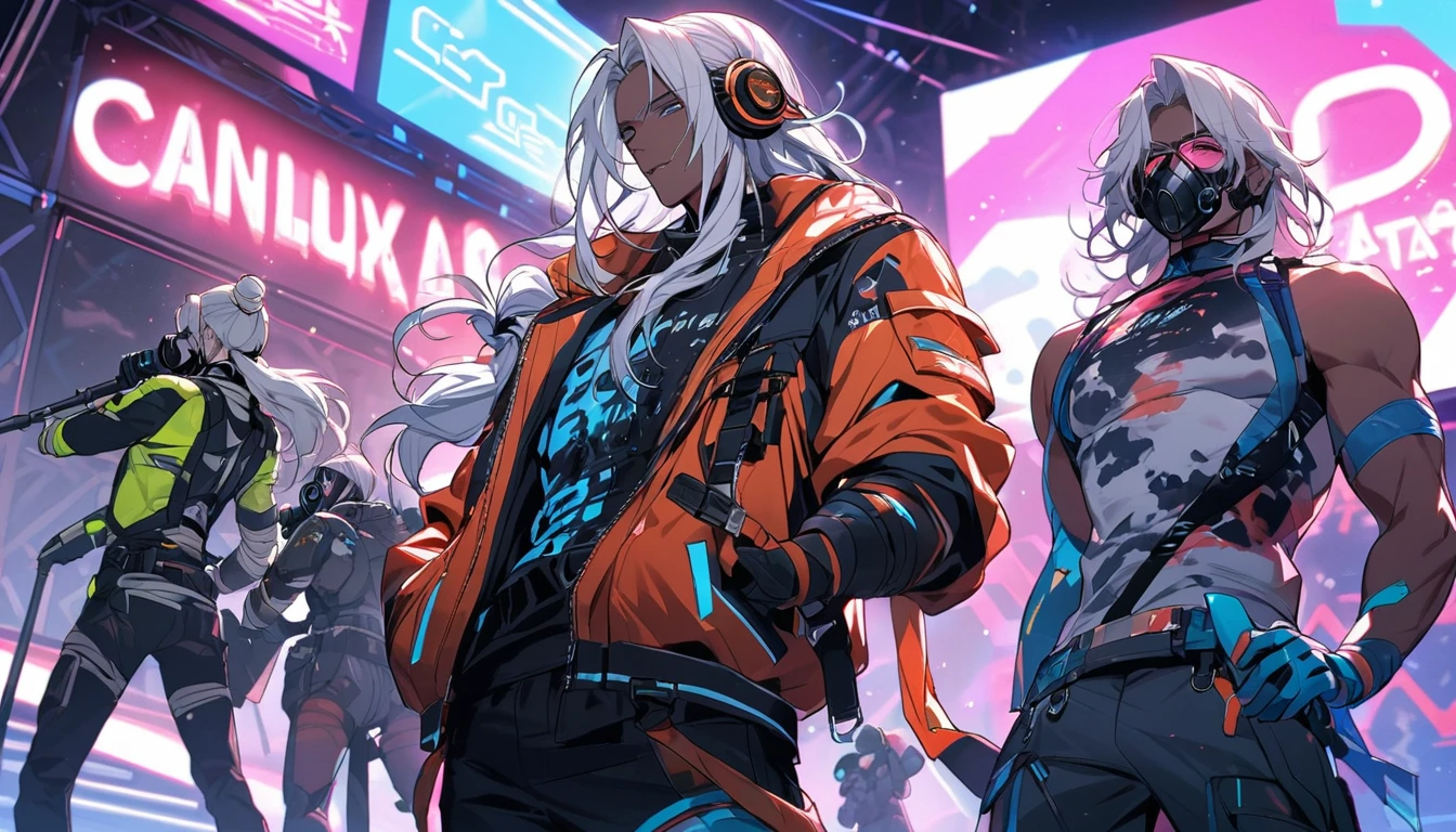 Handsome, single, muscular with visible wash marks, male, long hair tied up in a bun, dark skin, white hair, headphones, neon colored sci-fi robot suit. Mixes sci-fi and neon tones. Behind it is a robot with neon lights. In the background, a large robot was clearly visible singing on stage. Wear a gas mask, neon shirt, and hold a cool microphone. and sing on stage Wear a gas mask.