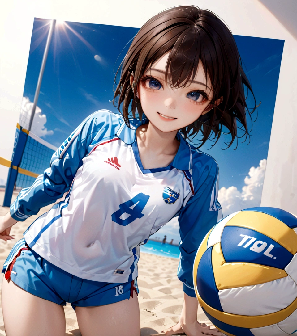 8K, original photo, best quality, masterpiece, Practical, Reality, (1 extreme beauty), 18 years old, Highly detailed face, (Perfect Teeth), Delicate eyes, Double eyelids, eyelash, Grin, Lip detail, Brown Hair Bob, Small Breasts, ((Sky blue volleyball uniform)), ((Red bloomers))Soft Light, ((Written border depth)) 、Shot in the back、all、Stick out your ass、Legs open、slim body、Inverted Nipple, Volleyball Jacket,