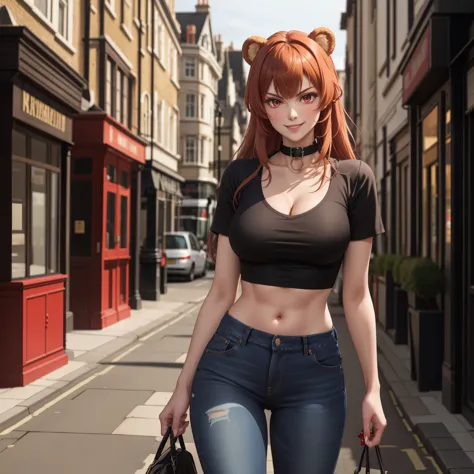 Woman 30 years old, orange hair , red eyes like rubies, sharp eyes, cocky smile, smug expression,, bear ears, big breasts,  low-...