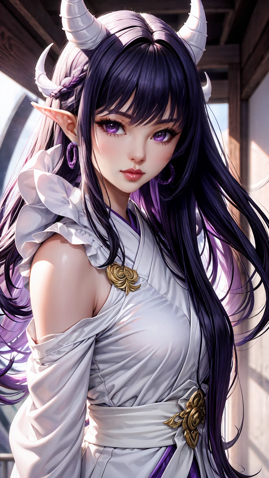 16K, Ultra High Definition, Super detailed, Shiny detailed hair, detailed face, fantasy landscape, solo, looking at viewer, close-up shot, {{best quality}}, {{masterpiece}}, {{ultra-detailed}}, {detailed light}, purple snake eyes, beautiful lips, black straight hair, long hair, dragon ears, {{purple dragon horns}}, beautiful purple earrings, white kimono with purple details, white futuristic sneakers with purple details, young girl, beautiful, skinny body, white skin, slutty, erotic, suggestive, {{nsfw}}