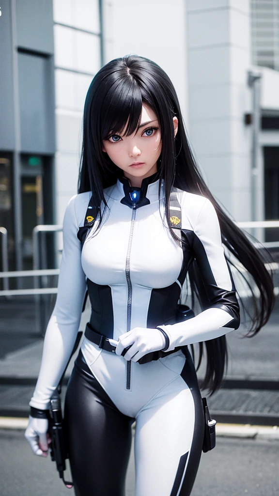 Creates a 3D rendered anime cartoon style image of a beautiful female soldier armed with futuristic weapons with blue eyes and black hair., black suit, gray and white suit must have all the ornaments of a soldier suit futuristic street environment apply microparticulate neon to the details of the environment in all its colors ,full body shot 300 dpi , HDMI and full definition esena great vibrant tones, perfectly intricate details 