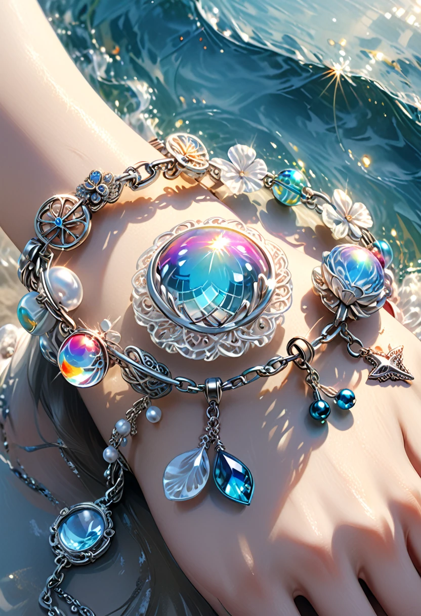 Una pulsera de plata brillante, en la muñeca, dijes de temática marina, perlas, cuentas de colores transparentes, cadena fina y delicada, (mejor calidad, 4k, 8K, alta resolución, obra maestra:1.2), ultra detallado, (Realista, photoRealista, photo-Realista:1.37), diseño de joyería intrincado, artesanía exquisita, metálico brillante, inspirado en el océano, iridescent perlas, vibrant hues, Delicada filigrana, accesorio elegante, Estética femenina, De cerca, textura detallada, enfoque suave, iluminación cálida