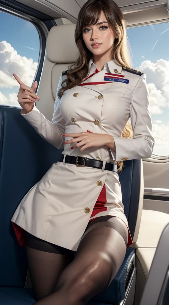 Detailed woman face looking at camera,Airline stewardess，Airline stewardess，uniform，Brown curly hair，Bangs， blue eyes, Hot red lips, Sexy open mouth, Correction of deformed fingers, Reality, Sharp eyes, (((Eyes looking at camera))) Smile