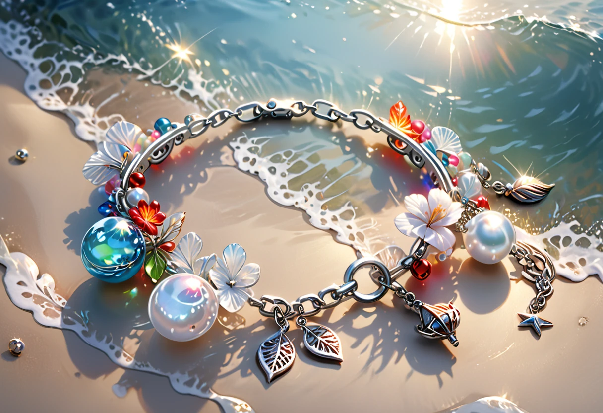 A shiny silver bracelet, on the wrist,  (marine-themed charms:1.2), pearls, transparent colorful beads, delicate thin chain, (best quality, 4k, 8k, highres, masterpiece:1.2), ultra-detailed, (realistic, photorealistic, photo-realistic:1.37), intricate jewelry design, exquisite craftsmanship, shimmering metallic, ocean-inspired, iridescent pearls, vibrant hues, delicate filigree, elegant accessory, feminine aesthetics, close-up, detailed texture, soft focus, warm lighting