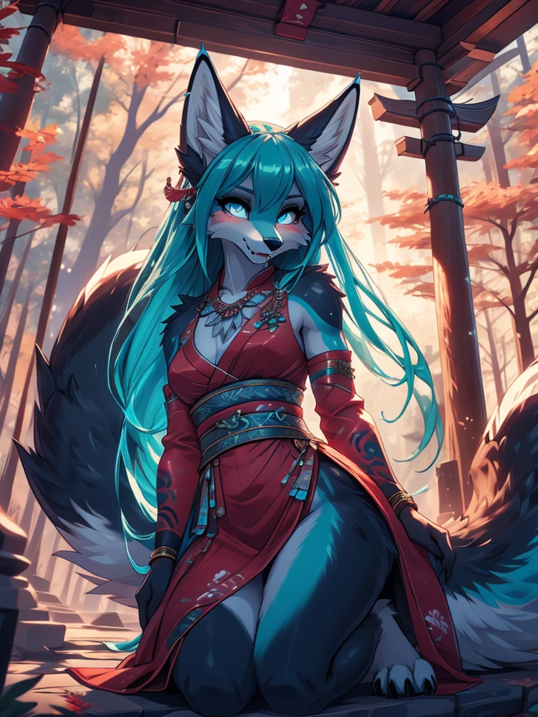 Miku Hatsune x vixen high definition good anatomy add_detail:1, blue fur,kitsune ears, tribal tattoo add_detail:1, cute girl add_detail:1, feudal priestess clothing add_detail:1, japanese shrine landscape add_detail:1, japanese shrine costume add_detail:1, add_detail:1, fullbody  descalza add_detail, highly detailed face, deep aqua iris add_detail:1 lighting eyes add_detail:3, wolf claws, sharp fangs add_detail:1, wild slut add_detail:1