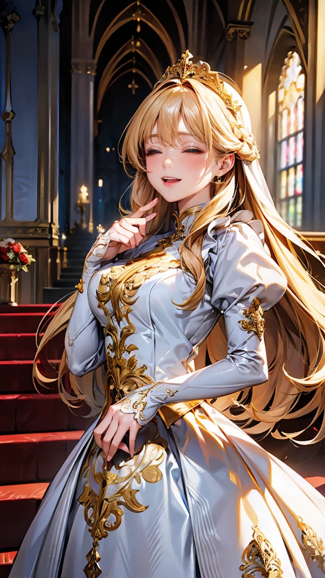 In front of the majestic church altar、（Blurred Background）、Bright light、golden long hair girl、classic white wedding dress、（Elegant luster）、（Lots of races）、Lots of ribbons、((Voluminous puff sleeves))、Long cuffs with lots of buttons、Gold embroidery、Long train、White embroidered gloves、Five Fingers、(Sexual climax), Redness on the cheeks, ((Cum in mouth:1.8, Close your mouth and eyes:1.6, penis)), 