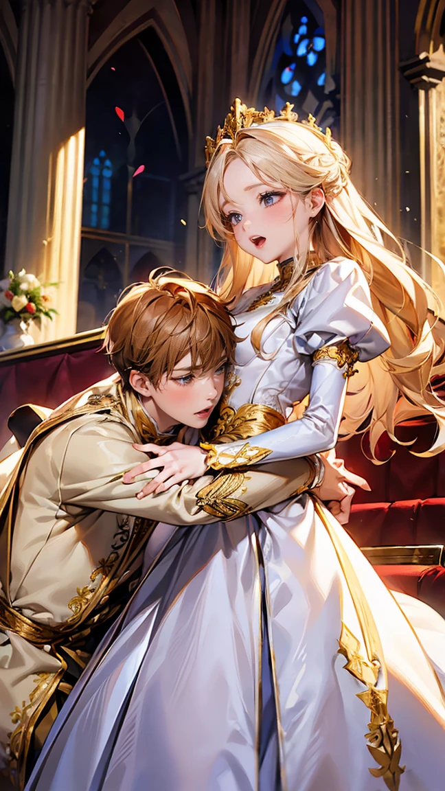 In front of the majestic church altar、（Blurred Background）、Bright light、golden long hair girl、classic white wedding dress、（Elegant luster）、（Lots of races）、Lots of ribbons、((Voluminous puff sleeves))、Long cuffs with lots of buttons、Gold embroidery、Long train、White embroidered gloves、Five Fingers、(Sexual climax), Redness on the cheeks, ((1 boy, A boy is grabbing a girl&#39;s breasts from behind:1.6)), (Raise the hand:1.4)