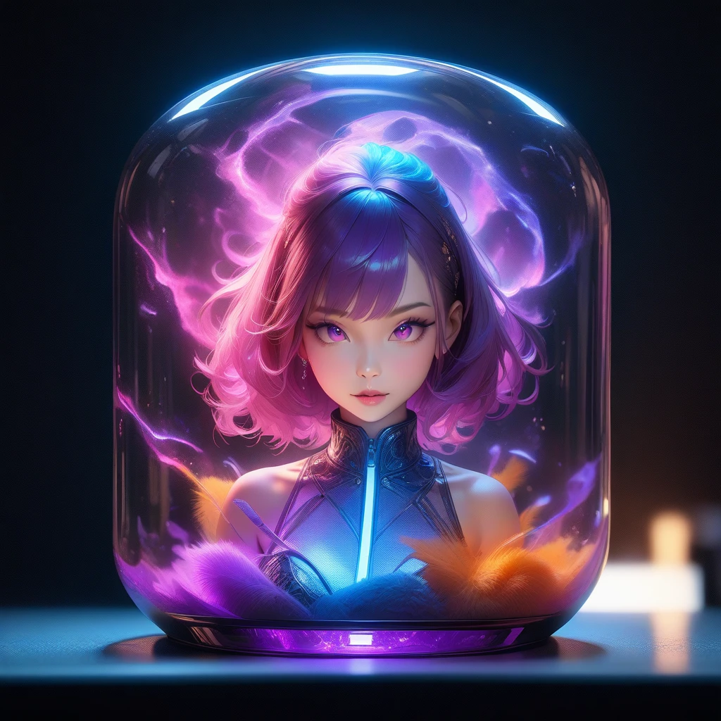 In a laboratory, neon colors are transferred to Ape in a glass capsule and colored smoke comes out of the capsule. there are splashes of neon color around and some broken wires transferring color in places, translucent neon body color (purple, blue, green), perfect composition, hyperrealistic, super detailed, 8k, high quality, trending art, trending on artstation, sharp focus, studio photo, intricate details, highly detailed,