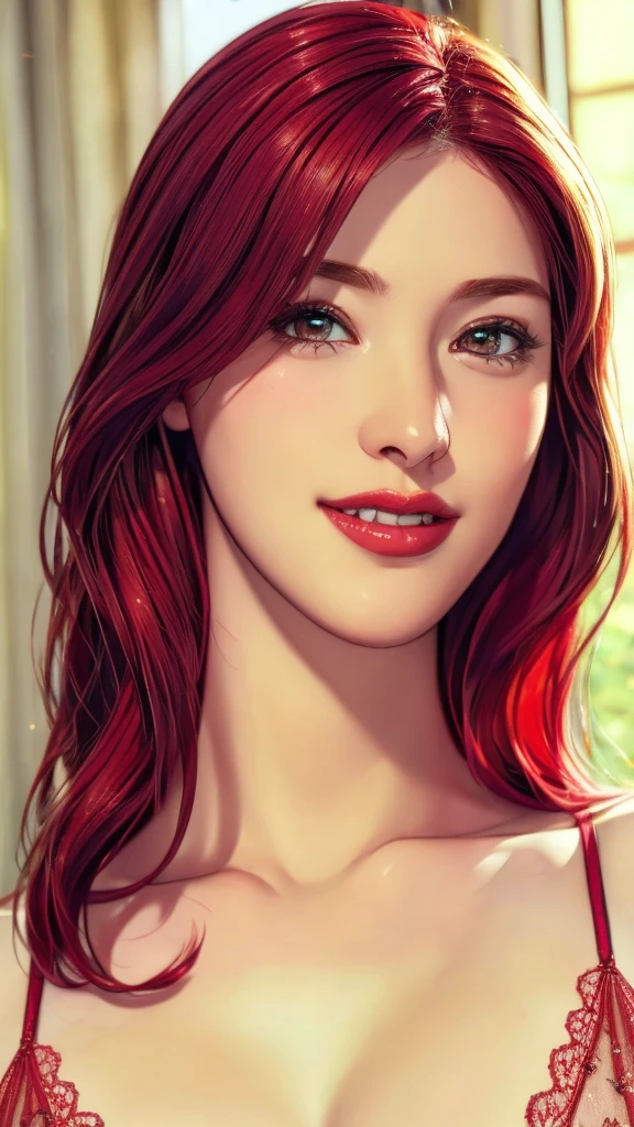 4K, detail,Red hair,Large Breasts, beautiful, beautiful face.(8K, Raw.photo, best quality, masterpiece:1.2), (realistically, photograph realistic: 1.4), Ultra-high resolution.photorealistic:.1.4,Ultra high quality，lipstick，Smile，Face red