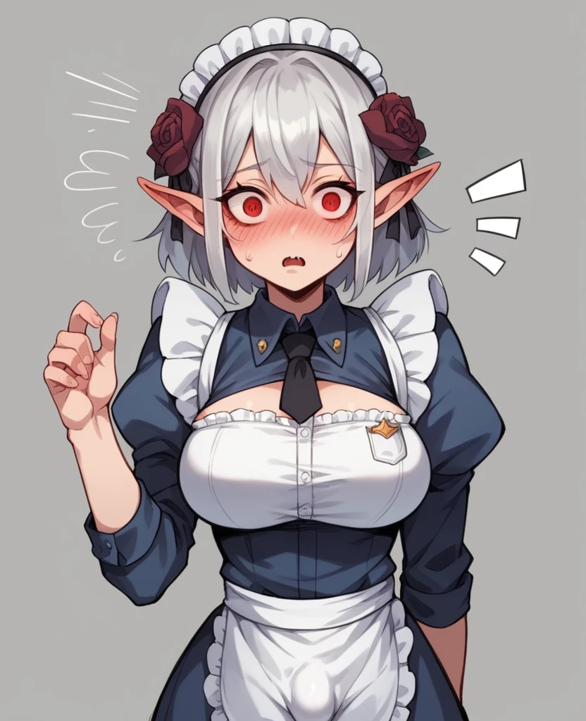 ((Perfect human body)),One girl, Red eyes, Wavy silver hair, Pointed Ears, vampire, Drooping eyes,Police uniform,blush,Surprise expression,Maid clothes,Mobile Task Force Heavy Equipment,Big Breasts,Hair Flowers,whole body,Character portrait,bulge in the crotch,Main Street,futanari,micro pantie