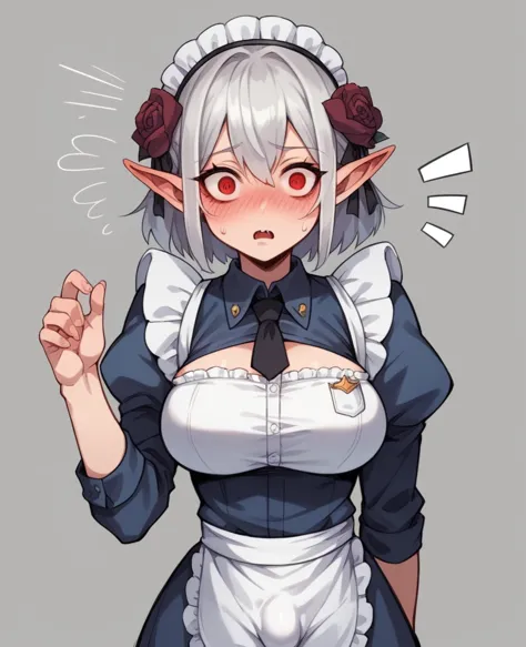 ((perfect human body)),one girl, red eyes, wavy silver hair, pointed ears, vampire, drooping eyes,police uniform,blush,surprise ...