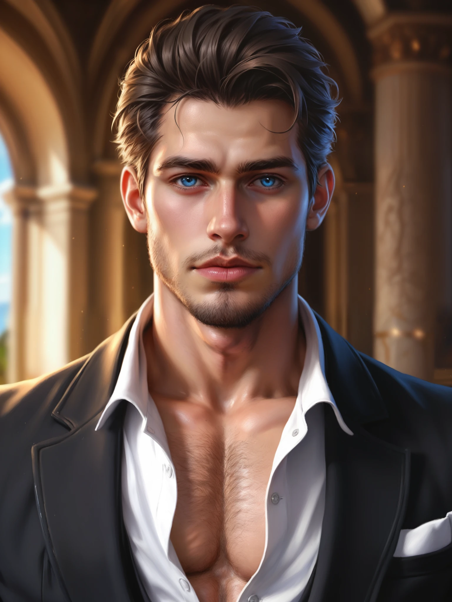 score_9, score_8_up, realistic, A handsome man, chest showing, body hair, Artwork, best quality, high resolution, Close-up portrait, bad, Greek God, fantasy, league of legends style, beautiful figure painting, bright light, Amazing composition, front view , hdr, volumetric lighting, ultra quality, elegant, highly detailed
