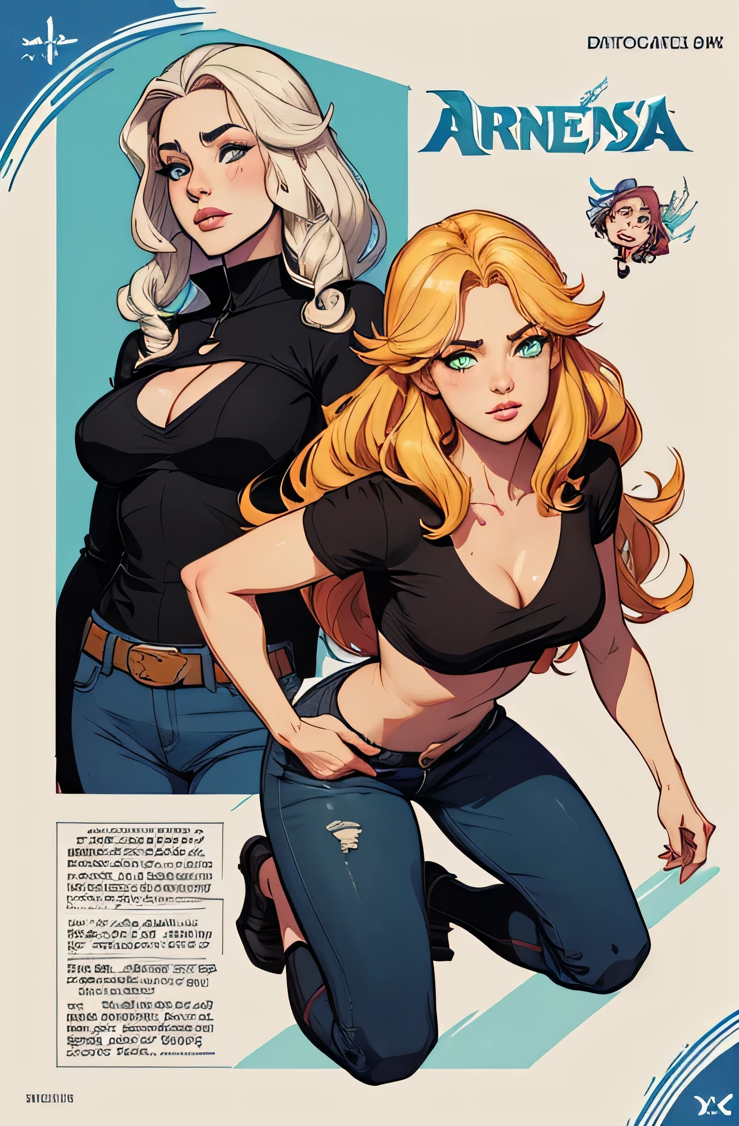 A cartoon of two women in black shirts and jeans - SeaArt AI