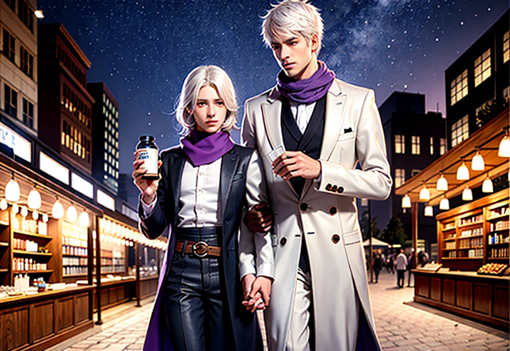 1 male, white hair, handsome, purple eyes, Hand holding a scientific flask, Moderate breath ,scarf, market background, medicine stall, Trial bottle, light particles, Magical light, daytime