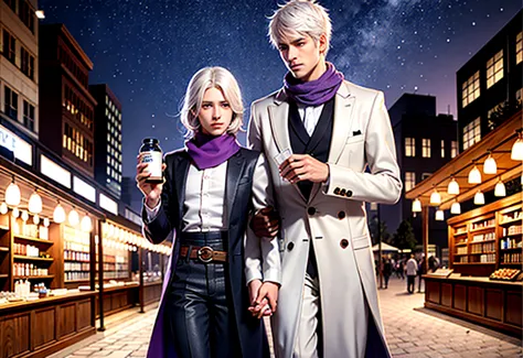 1 male, white hair, handsome, purple eyes, Hand holding a scientific flask, Moderate breath ,scarf, market background, medicine ...