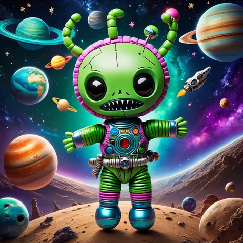 (knitted toy voodoo doll:1.7), (Voodoo Funny Alien:1.5), (Clothing: space suit with comical antennae:1.0), (Accessories: glowing...