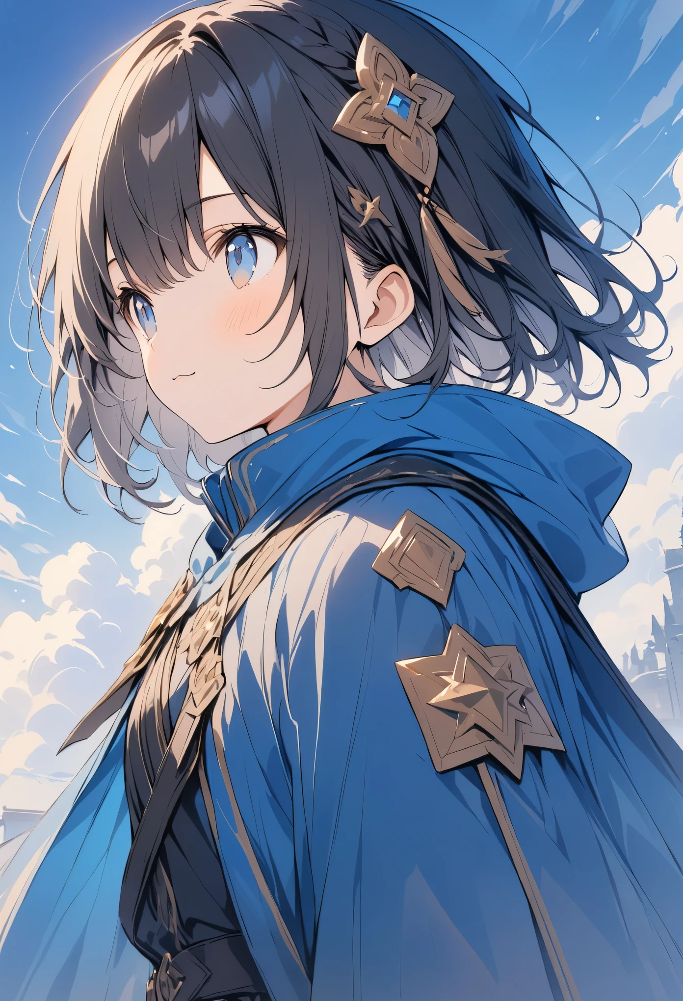 超High resolution, Attention to detail, high quality, High resolution, 最high quality, 4K, 8K, Awards, (artwork)、Clear sky、cute、Black Hair、short、hair ornaments、A work that emphasizes the sky and blue、posters、(Costumes of fantasy world:1.2)、(Blue Cape:1.37),Looking up at the sky,profile(:3:0.9)