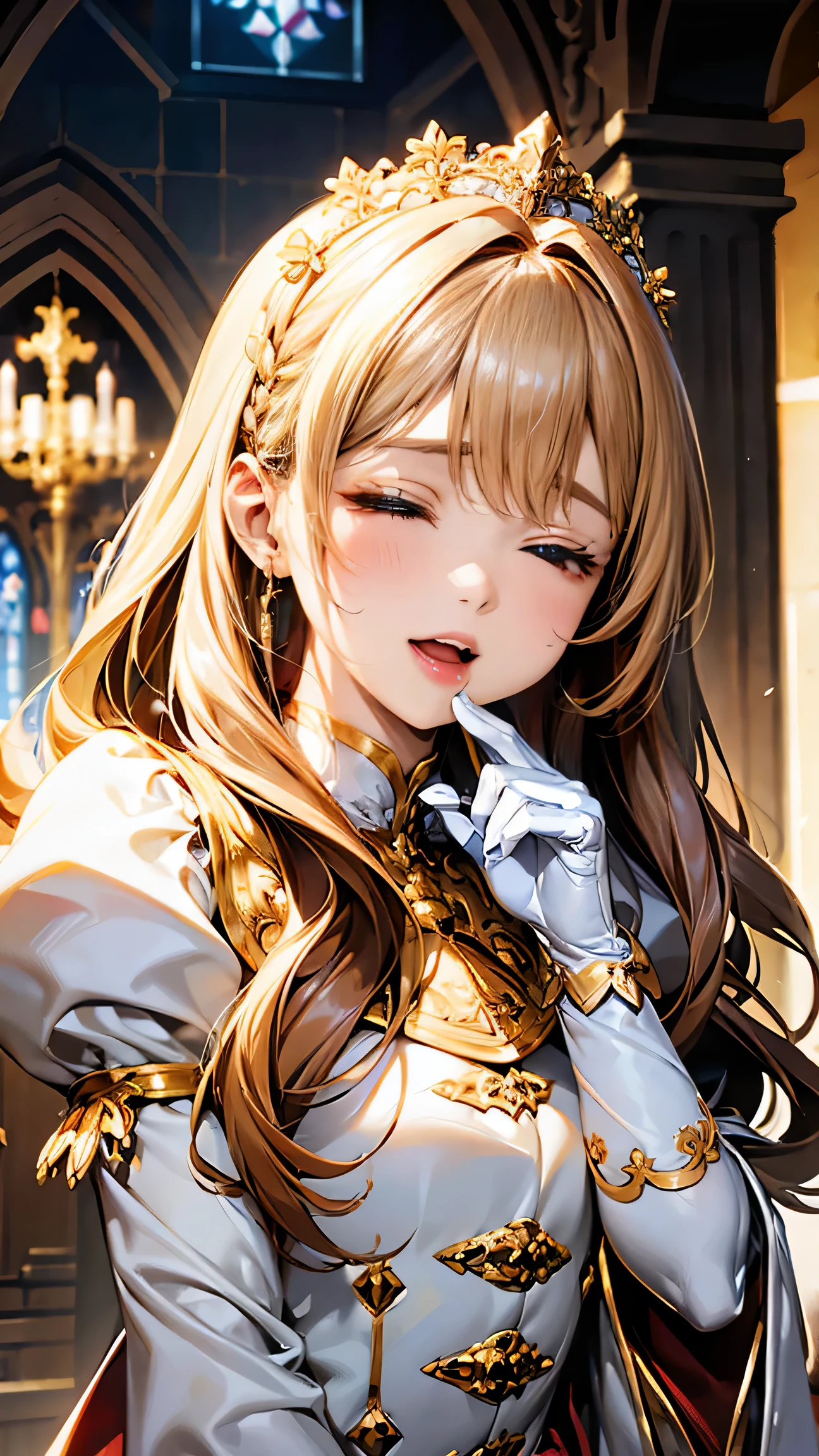 In front of the majestic church altar、（Blurred Background）、Bright light、golden long hair girl、classic white wedding dress、（Elegant luster）、（Lots of races）、Lots of ribbons、((Voluminous puff sleeves))、Long cuffs with lots of buttons、Gold embroidery、Long train、White embroidered gloves、Five Fingers、(Sexual climax), Redness on the cheeks, ((Cum in mouth:1.8, Close your mouth and eyes:1.6, 1boy penis)), 