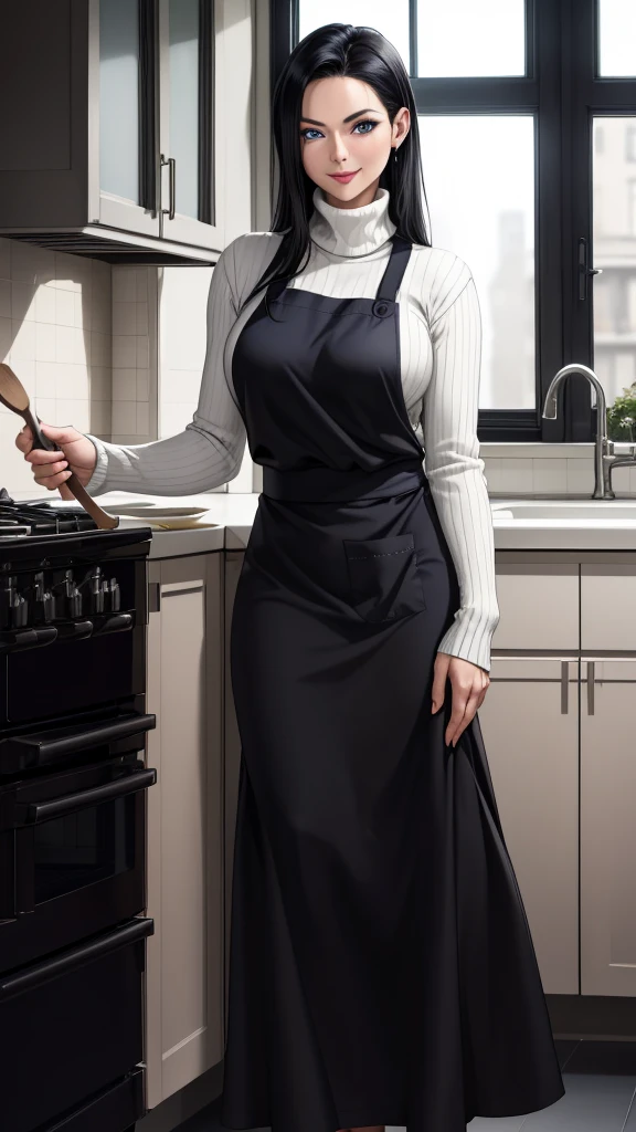 ((real))、(masterpiece、highest quality)、hot (mature woman)、Woman Standing In Kitchen、wearing a white turtleneck sweater、wide hips、Wearing a black apron、(hair combed back)、Long skirt、smile、facing the viewer、closet、stove、window、blue eyes、black shiny hair