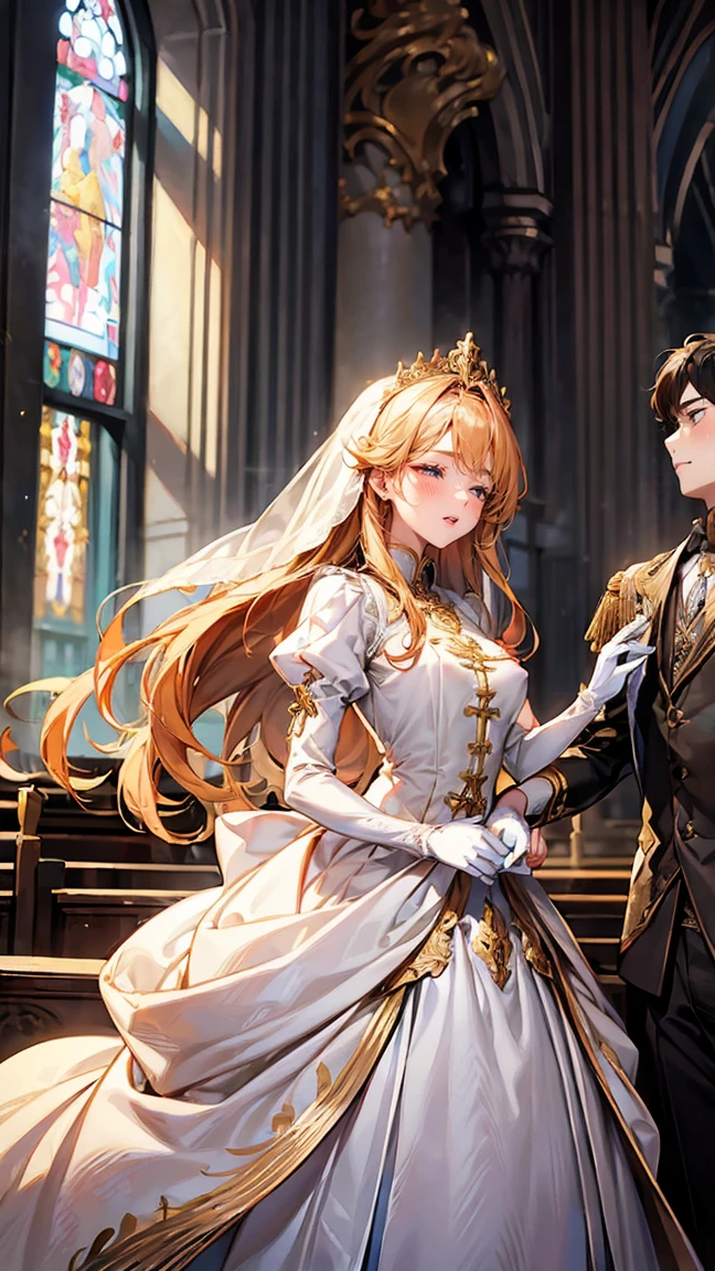 In front of the majestic church altar、（Blurred Background）、Bright light、golden long hair girl、classic white wedding dress、（Elegant luster）、（Lots of races）、Lots of ribbons、((Voluminous puff sleeves))、Long cuffs with lots of buttons、Gold embroidery、Long train、White embroidered gloves、Five Fingers、(Sexual climax), Redness on the cheeks, ((1 boy, A boy is grabbing a girl&#39;s breasts from behind:1.8)), (Raise the hand:1.4)