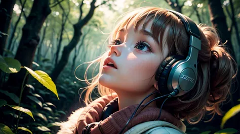 6 year old girl looking up at the sky in a mysterious forest, wearing headphones, zoom out