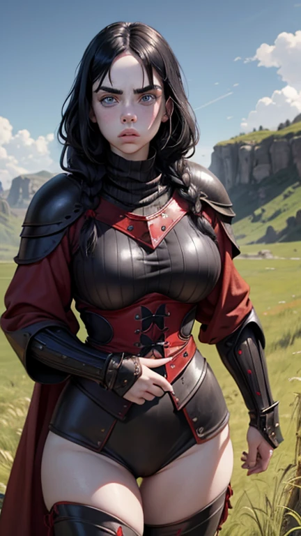 Medieval female warrior (Billie Eilish face), beautiful face, armor(black and red), athletic physique, big round breasts, exposed thighs, round Buttocks, long black hair tied braid, light blue eyes, freckles on her face, background open field