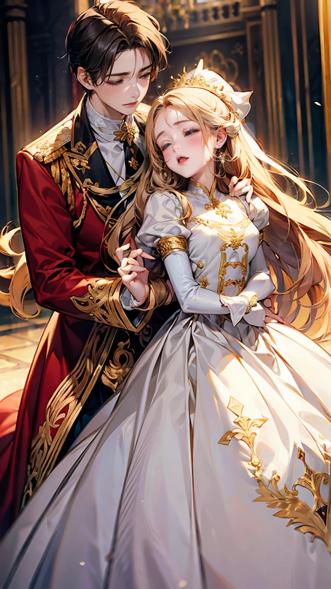 In front of the majestic church altar、（Blurred Background）、Bright light、golden long hair girl、classic white wedding dress、（Elegant luster）、（Lots of races）、Lots of ribbons、((Voluminous puff sleeves))、Long cuffs with lots of buttons、Gold embroidery、Long train、White embroidered gloves、Five Fingers、(Sexual climax), Redness on the cheeks, ((1 boy, A boy is grabbing a girl&#39;s breasts from behind:1.8)), (Raise the hand:1.4)