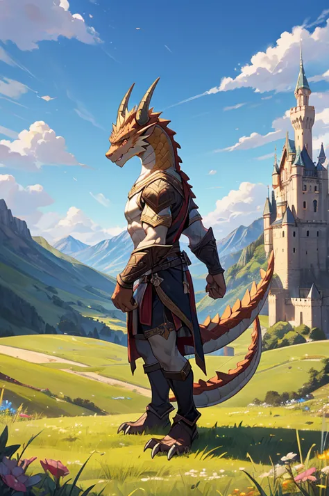 high-definition，noon，Blue sky，castle，grassland，Single player，Western dragon animal humanoid，furry，teenager，Strong body，Male imag...
