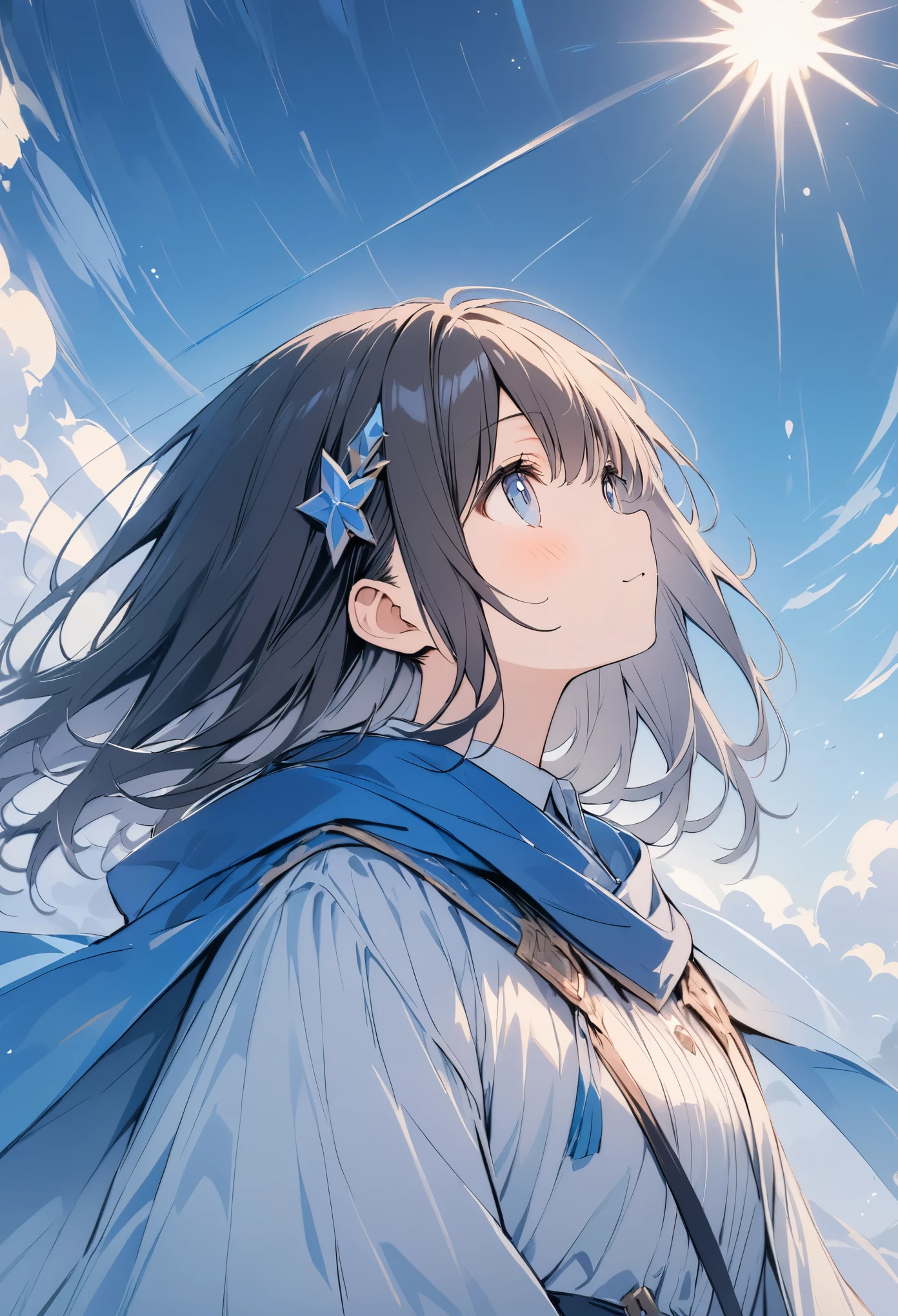 超High resolution, Attention to detail, high quality, High resolution, 最high quality, 4K, 8K, Awards, (artwork)、Clear sky、cute、Black Hair、short、hair ornaments、A work that emphasizes the sky and blue、posters、(Costumes of fantasy world:1.2)、(Blue Cape:1.37),Looking up at the sky,profile(:3:0.5),Pale colors