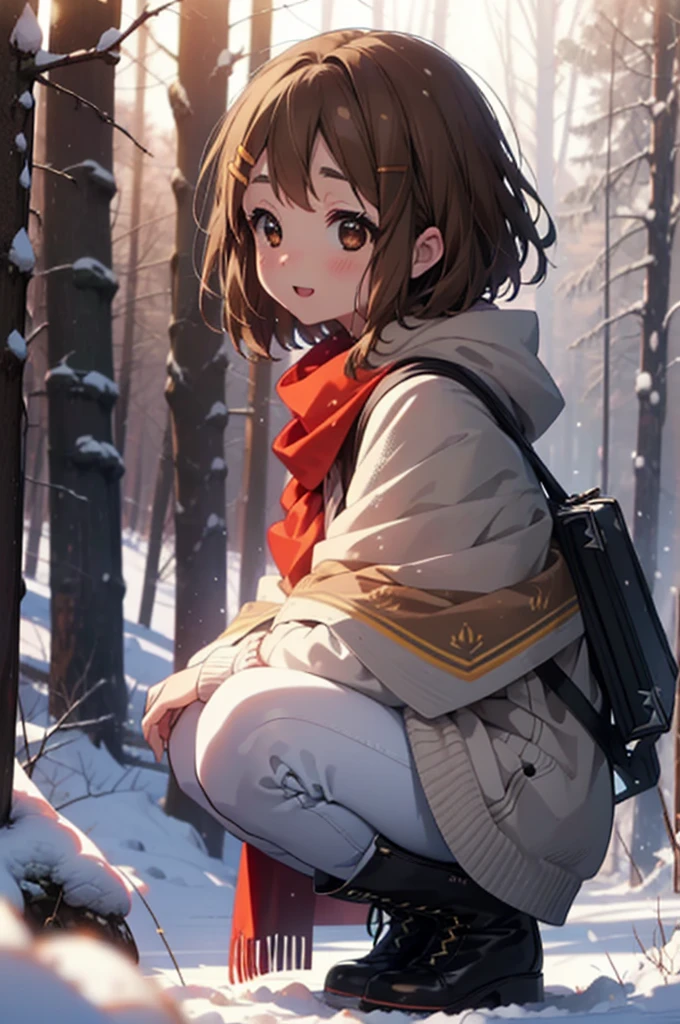 yuihirasawa, Yui Hirasawa, short hair, Brown Hair, hair ornaments, (Brown eyes:1.5), Hair Clip、smile,smile,blush,White Breath,
Open your mouth,snow,Ground bonfire,, Outdoor, boots, snowing, From the side, wood, suitcase, Cape, Blurred, , forest, White handbag, nature,  Squat, Mouth closed, Cape, winter, Written boundary depth, Black shoes, red Cape break looking at viewer, Upper Body, whole body, break Outdoor, forest, nature, break (masterpiece:1.2), Highest quality, High resolution, unity 8k wallpaper, (shape:0.8), (Beautiful and beautiful eyes:1.6), Highly detailed face, Perfect lighting, Extremely detailed CG, (Perfect hands, Perfect Anatomy),