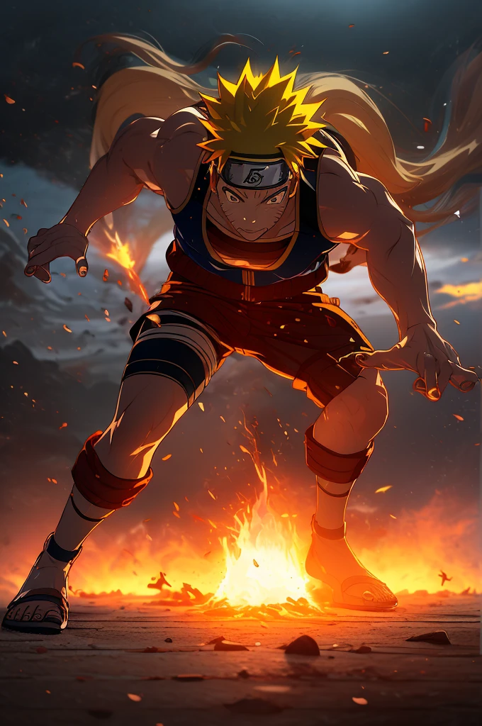 (best quality,4k,8k,highres,masterpiece:1.2),ultra-detailed,(realistic,photorealistic,photo-realistic:1.37),colorful,energetic,exciting,action-packed,heroic,Uzumaki Naruto,expressive and determined face,long spiky hair,fierce gaze,powerful aura,hand signs,flying kunai and shuriken,flashing lightning,surrounding smoke and debris,dynamic movements and fighting stances,dramatic lighting and shadows,dynamic perspective,bursting energy beams,clashing fire and water jutsus,flying leaves and sakura petals,ominous dark clouds and thunderbolts,hidden village emblem shining brightly on Naruto's forehead.