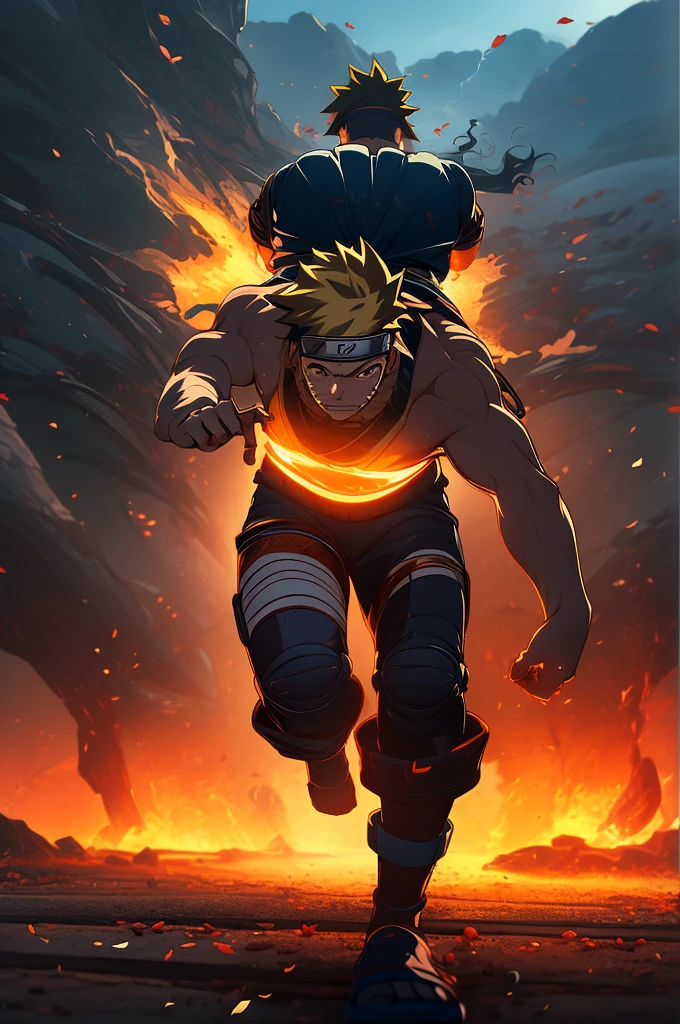 (best quality,4k,8k,highres,masterpiece:1.2),ultra-detailed,(realistic,photorealistic,photo-realistic:1.37),colorful,energetic,exciting,action-packed,heroic,Uzumaki Naruto,expressive and determined face,long spiky hair,fierce gaze,powerful aura,hand signs,flying kunai and shuriken,flashing lightning,surrounding smoke and debris,dynamic movements and fighting stances,dramatic lighting and shadows,dynamic perspective,bursting energy beams,clashing fire and water jutsus,flying leaves and sakura petals,ominous dark clouds and thunderbolts,hidden village emblem shining brightly on Naruto's forehead.