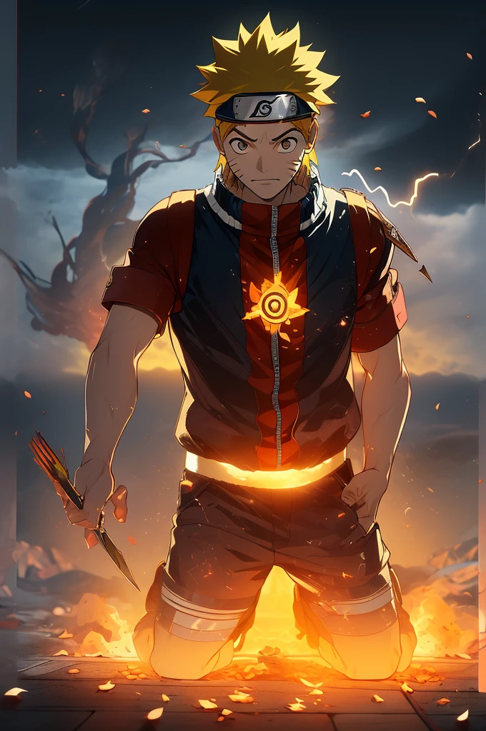 (best quality,4k,8k,highres,masterpiece:1.2),ultra-detailed,(realistic,photorealistic,photo-realistic:1.37),colorful,energetic,exciting,action-packed,heroic,Uzumaki Naruto,expressive and determined face,long spiky hair,fierce gaze,powerful aura,hand signs,flying kunai and shuriken,flashing lightning,surrounding smoke and debris,dynamic movements and fighting stances,dramatic lighting and shadows,dynamic perspective,bursting energy beams,clashing fire and water jutsus,flying leaves and sakura petals,ominous dark clouds and thunderbolts,hidden village emblem shining brightly on Naruto's forehead.