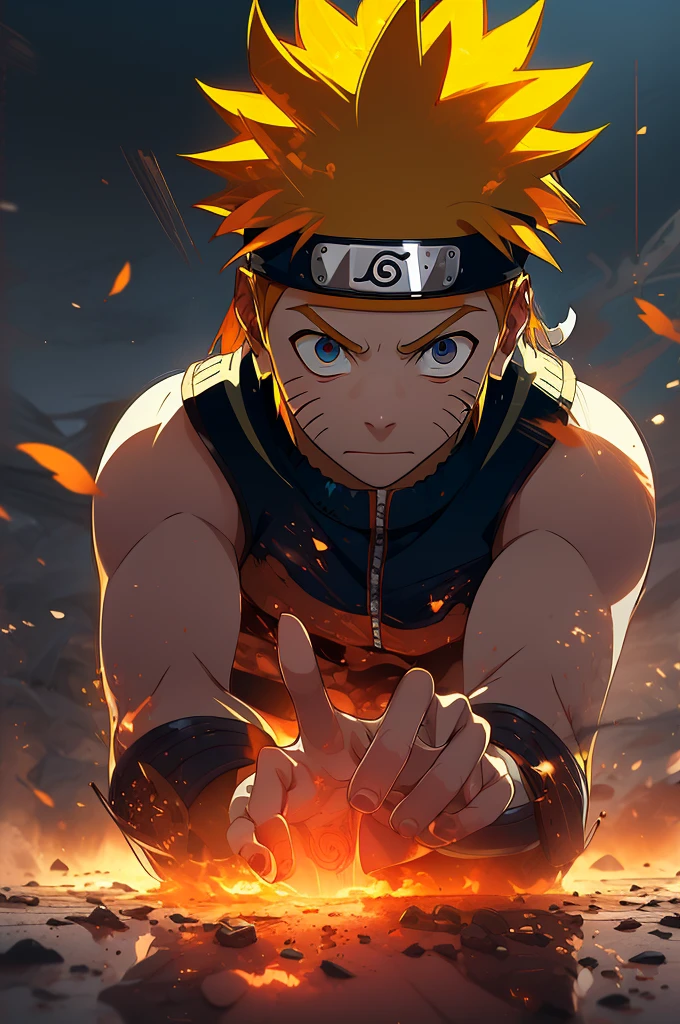 (mejor calidad,4k,8K,alta resolución,obra maestra:1.2),ultra detallado,(Realista,photoRealista,photo-Realista:1.37),Vistoso,energético,Emocionante,lleno de acción,heroico,Uzumaki Naruto,rostro expresivo y decidido,pelo largo y puntiagudo,mirada feroz,aura poderosa,señales con las manos,kunai volador y shuriken,Relámpagos intermitentes,humo y escombros circundantes,Movimientos dinámicos y posturas de lucha.,Iluminación y sombras dramáticas.,Perspectiva dinámica,rayos de energía estallando,Choque de jutsus de fuego y agua.,hojas voladoras y pétalos de sakura,siniestras nubes oscuras y rayos,El emblema de la aldea oculta brilla intensamente en la frente de Naruto..