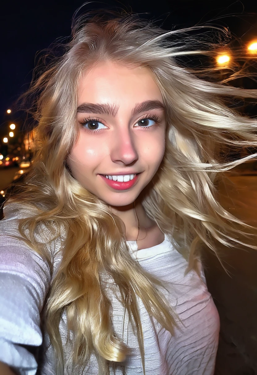 Cute blonde girl 19 years old, (((taking a selfie))), on the street -  SeaArt AI