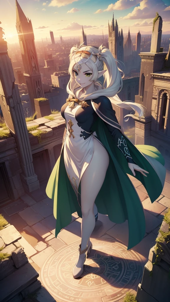 ((Masterpiece)), (highly saturated), (High Definition:1.3), (from above), (Professional Photography:1.2), (cinematic lighting), 1girl, solo, (flat body), (smile), walking, beautiful, elf, pointy ears, white hair, (long twintails), green eyes, white dress, white cape, ((magician staff)), magic, magic circle, (ragged ruins), cityscape, winter sky,
