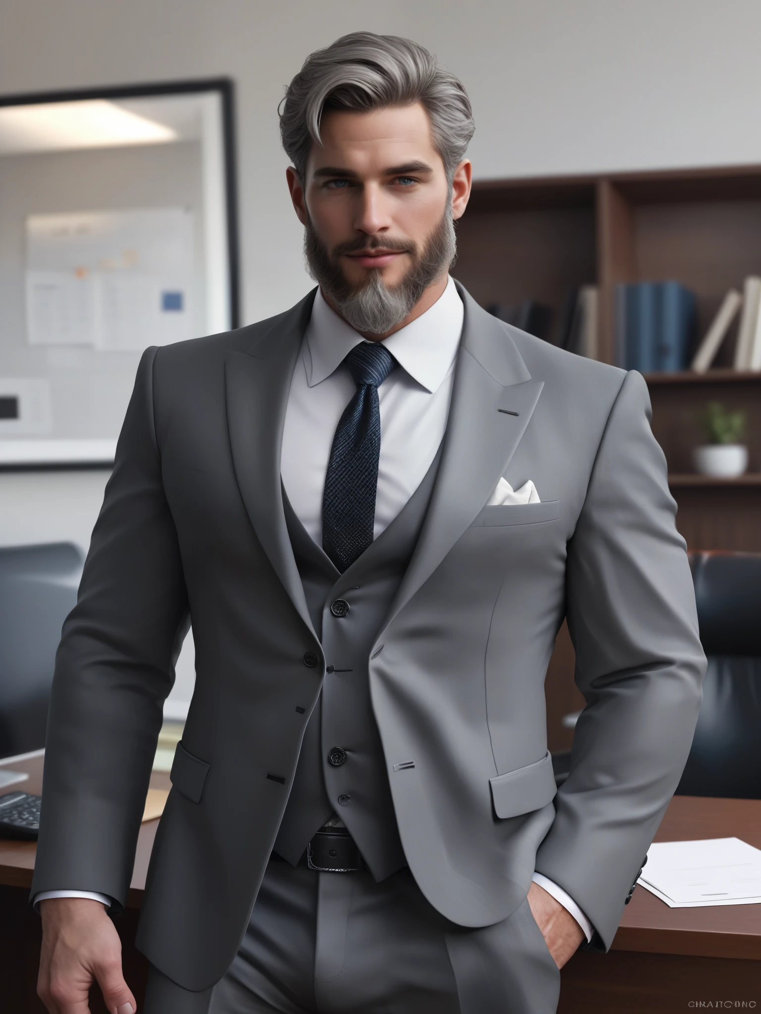 score_9, score_8_up, realistic, a handsome mature man, 45 years old, beard, gray hair, wearing a suit, in the background a luxurious office
