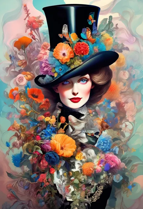 In a beautiful surreal portrait, Curious woman wearing a flower-decorated high hat、(((A top hat decorated with lots of flowers、F...