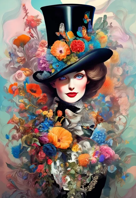 in a beautiful surreal portrait, curious woman wearing a flower-decorated high hat、(((a top hat decorated with lots of flowers、f...