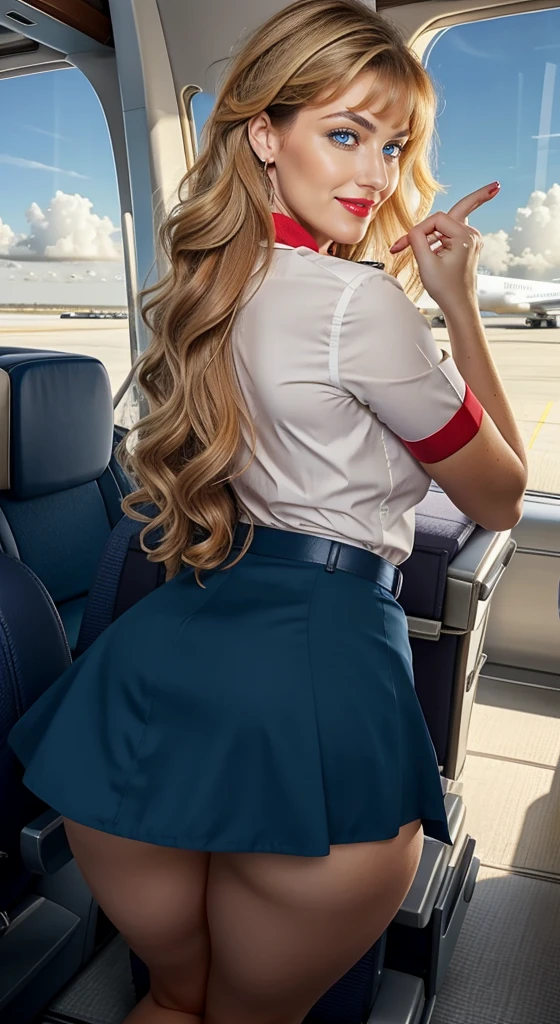 Detailed woman face looking at camera,Airline stewardess，Airline stewardess，Blue tight skirt，（Wear a scarf：1.3），uniform，Brown curly hair，Bangs， blue eyes, Hot red lips, Sexy open mouth, Correction of deformed fingers, Reality, Sharp eyes, (((Eyes looking at camera))) Smile