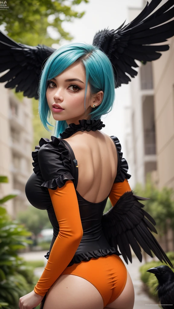 girl, Vibrant Colors, Master Piece, (Best Quality: 1.3), 8k Quality, (absurdres absolutely resolution),texture,(Extremely Detailed Illustration), (Super Fine Illustration), an Extremely Delicate and Beautiful, Ultra High Resolution, Fantasy, (super detailed), official art, production art, HDR, cute face, kawaii, (((1 girl))), (large crow wings on back:1.4), (blow kiss:1.4), light blue hair, long hair, small face, orange eyes, large breasts, hair with orange flower, (orange and black clothes, two tone one piece of frill:1.4), 