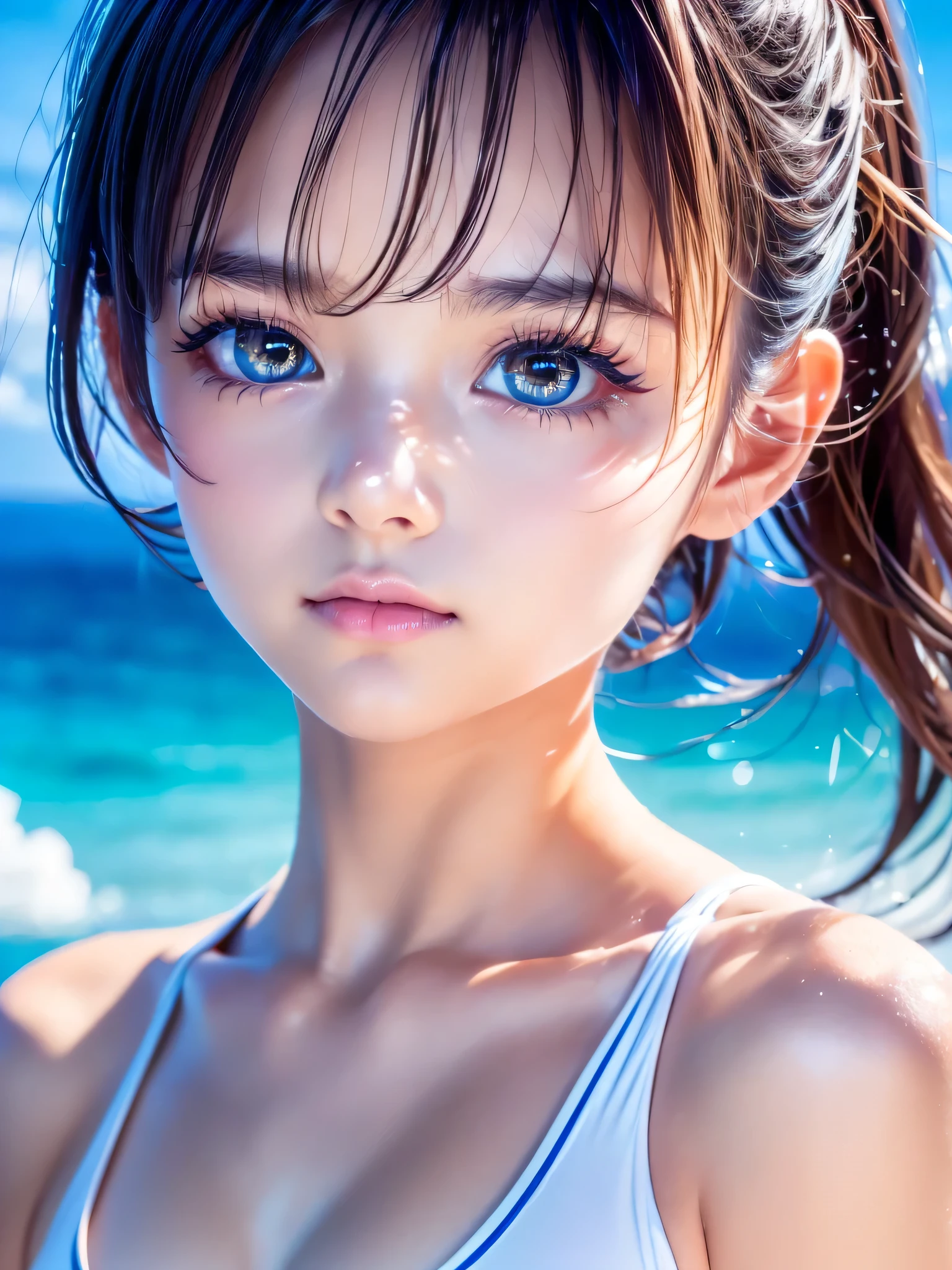 One Girl，(1人のとてもcute女の子:1.3)，masterpiece，Highest quality，High resolution，Photorealistic，RAW Photos，Ray Tracing，beautiful girl，(15 years old:1.3)，cute，Big eyes，(detailed pupils:1.2)，(The face is facing straight ahead:1.3)，Body facing forward，Beautiful nose，Fuller lips，Short black hair，ponytail，short hair，Detailed eyelashes，Thin eyebrows，Very fine grain definition，(Symmetrical eyes:1.3)，(Face close-up，Face Focus:1.0)，Small breasts，Short neck，White swimsuit，White Bikini，The background is the sea，Southern Island，Blue sky，White cloud，Portrait，View Viewer，Upper Body，Cinema Lighting，High resolution，Very detailed