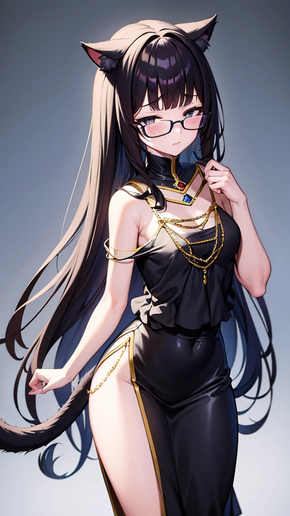 A 20-year-old cat girl with long black hair, gray eyes, cat ears and a cat tail, wears glasses, black  long dresses sexy, sleeveless, standing,