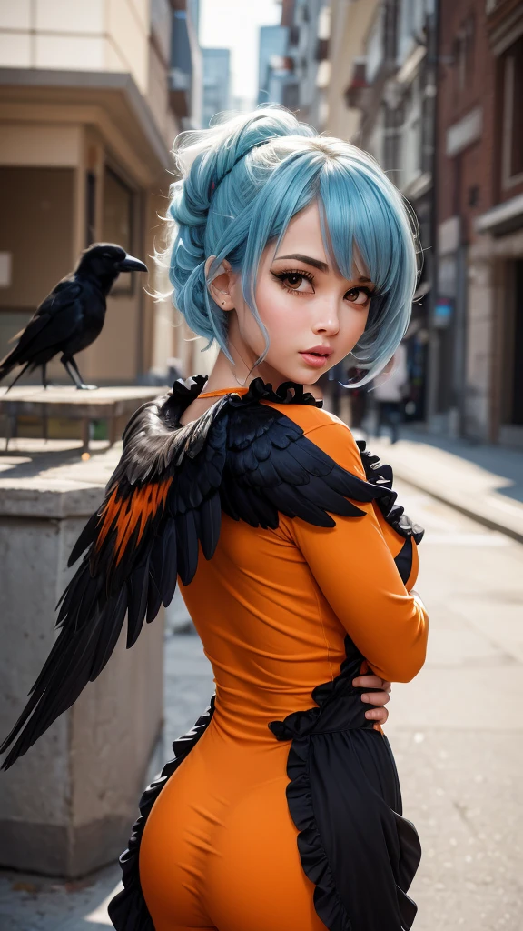 girl, Vibrant Colors, Master Piece, (Best Quality: 1.3), 8k Quality, (absurdres absolutely resolution),texture,(Extremely Detailed Illustration), (Super Fine Illustration), an Extremely Delicate and Beautiful, Ultra High Resolution, Fantasy, (super detailed), official art, production art, HDR, cute face, kawaii, (((1 girl))), (large crow wings on back:1.4), (blow kiss:1.4), light blue hair, long hair, small face, orange eyes, large breasts, hair with orange flower, (orange and black clothes, two tone one piece of frill:1.4), 