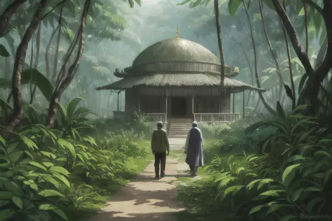 a man and his wife with moslem fashion walking in the jungle, from behind, a mosque from afar